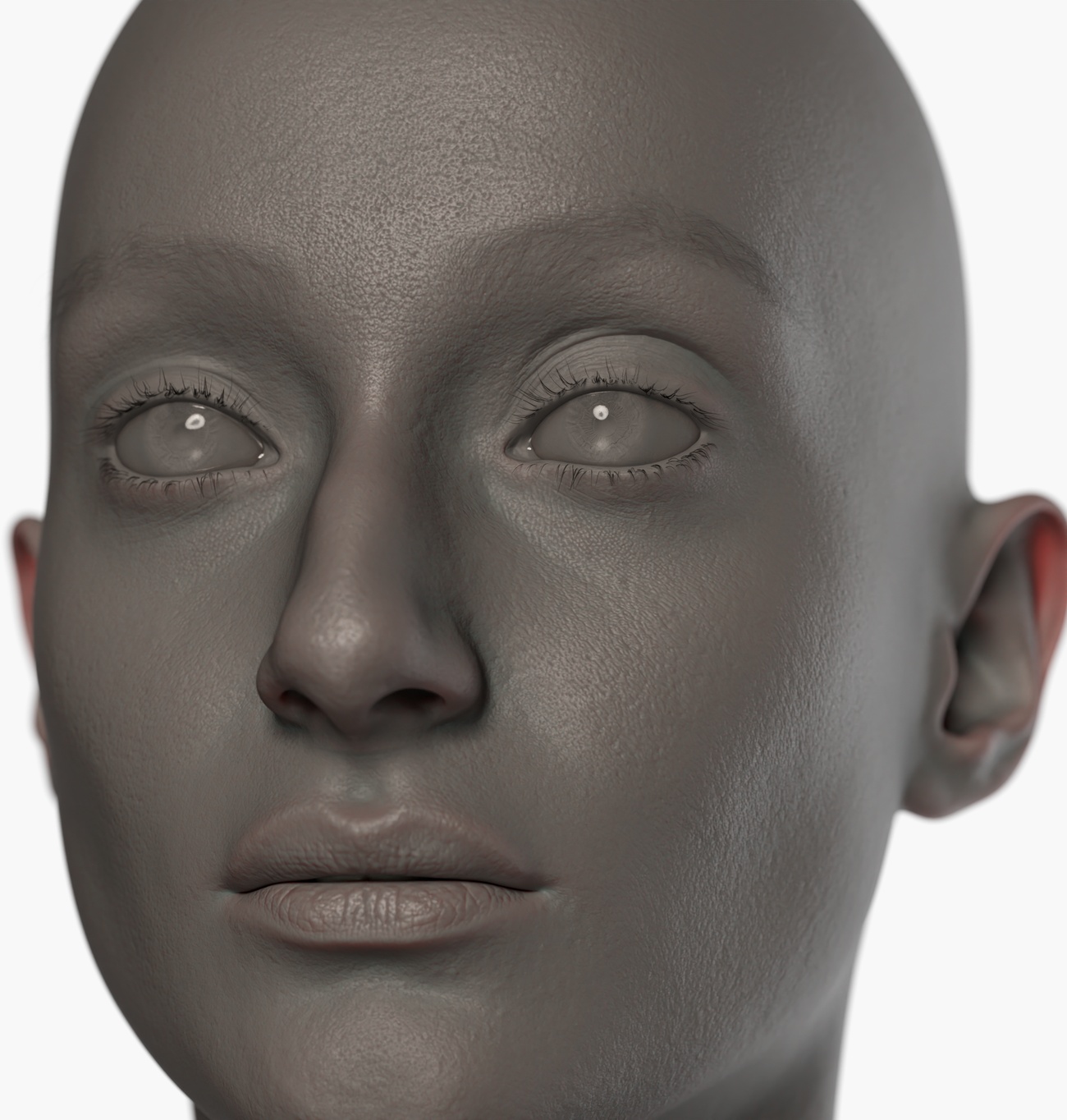 Clay render of a female 3D head scan showing fine skin pore detail and surface micro-geometry accuracy